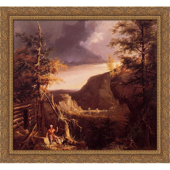 Daniel Boone Sitting at the Door of His Cabin on the Great Osage Lake, Kentucky 30x28 Large Gold Ornate Wood Framed Canvas Art by Thomas Cole