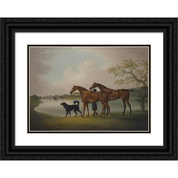 Daniel Clowes 18x14 Black Ornate Wood Framed Double Matted Museum Art Print Titled - A Pair of Hunters Held by a Groom, with a Newfoundland Dog, by a Lake