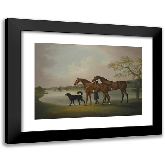 Daniel Clowes 24x18 Black Modern Framed Museum Art Print Titled - A Pair of Hunters Held by a Groom, with a Newfoundland Dog, by a Lake