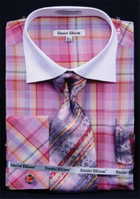 Daniel Ellissa Checked Pattern Two Tone French Cuff Burgundy ~ Wine ~ Maroon Color White Collar Big and Tall Sizes Two Toned Contrast 18 19 20 21 22 Inch Neck Men's Dress Shirt main image 0