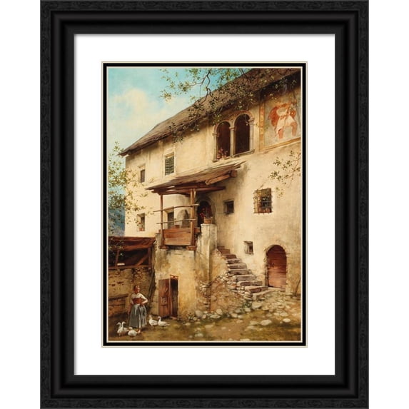 Daniel Hock 11x14 Black Ornate Wood Framed Double Matted Museum Art Print Titled: Farm, Motif from South Tyrol Near Klausen (1892)