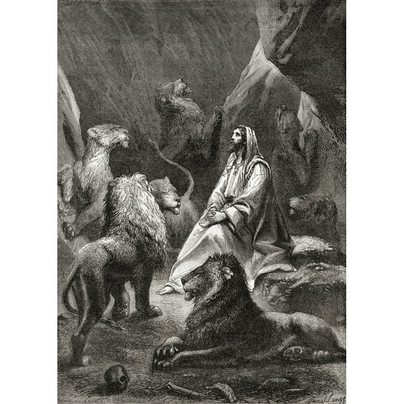 Daniel In The Lions Den. From The Book Of Daniel Old Testament. From The Childrens Bible Published C. 1883 by Ken