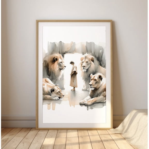 Daniel In The Lions’ Den Watercolor Style Bible Verse Scene Christian Wall Art, UNFRAMED PAPER POSTER