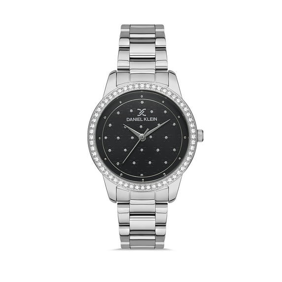 Daniel Klein 34mm Womens Watch, Flower Floral Dial, Stainless Steel Strap, Analog, Quartz, Gemstones Bezel - Silver / Black Dial