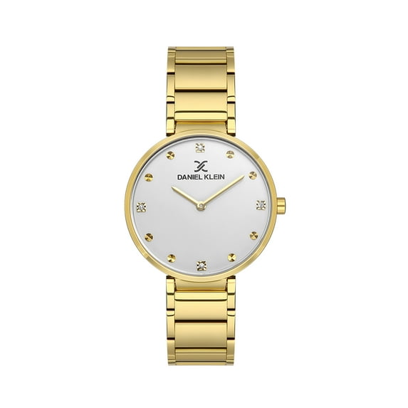 Daniel Klein 35mm Womens Watch, Stainless Steel Strap, Round, Analog, Quartz, Crystal Markers, Minimal Baton Index - Gold