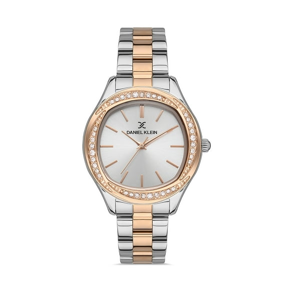 Daniel Klein 36mm Womens Analog Watch, Stainless Steel Band, Baton Index, Gemstone Bezel, Sunray Dial - Rose Gold / Silver