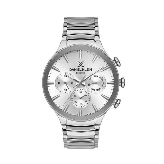 Daniel Klein 43mm Analog Mens Watch, Stainless Steel Strap, Multifunction, Dual Time 12H/24H, Day / Date - Silver