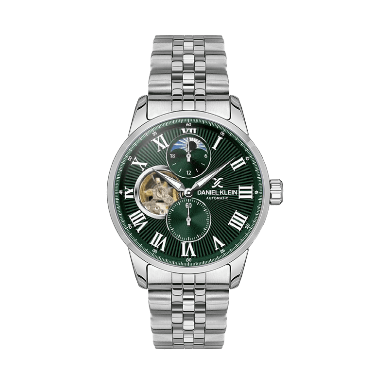 Daniel Klein 43mm Automatic Mens Watch Stainless Steel Strap Dual Time Japanese Moonphase Skeleton Day Date Silver Green Dial Walmart