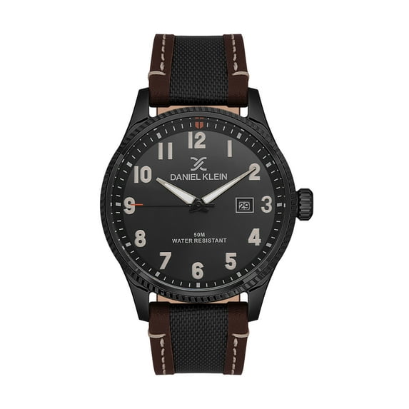 Daniel Klein 44mm Analog Mens Watch, Canvas / Leather Strap, Big Easy Read Numbers, Date - Black