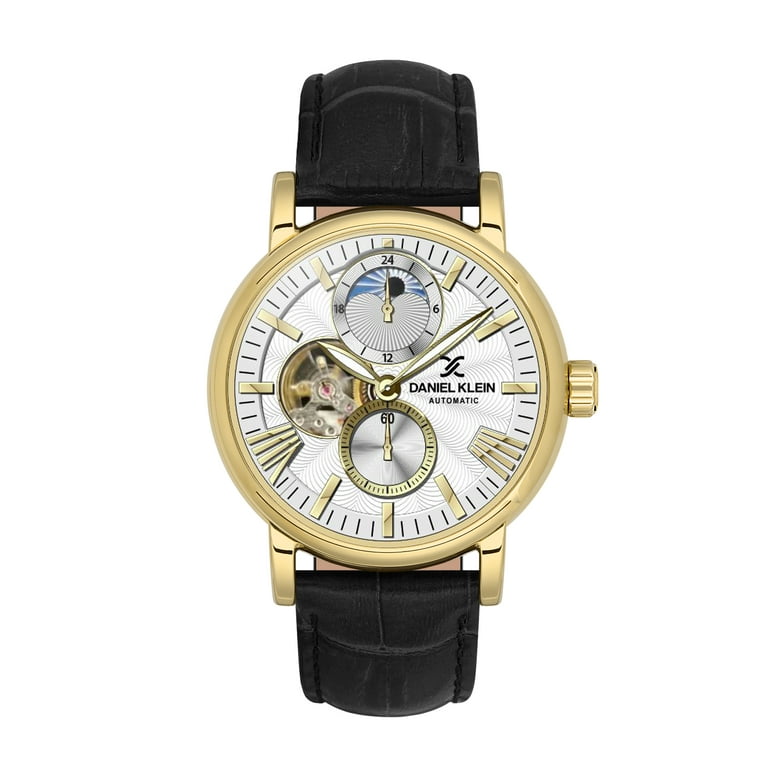 Daniel Klein 44mm Automatic Mens Watch Leather Strap Dual Time Japanese Moonphase Skeleton Gold Black
