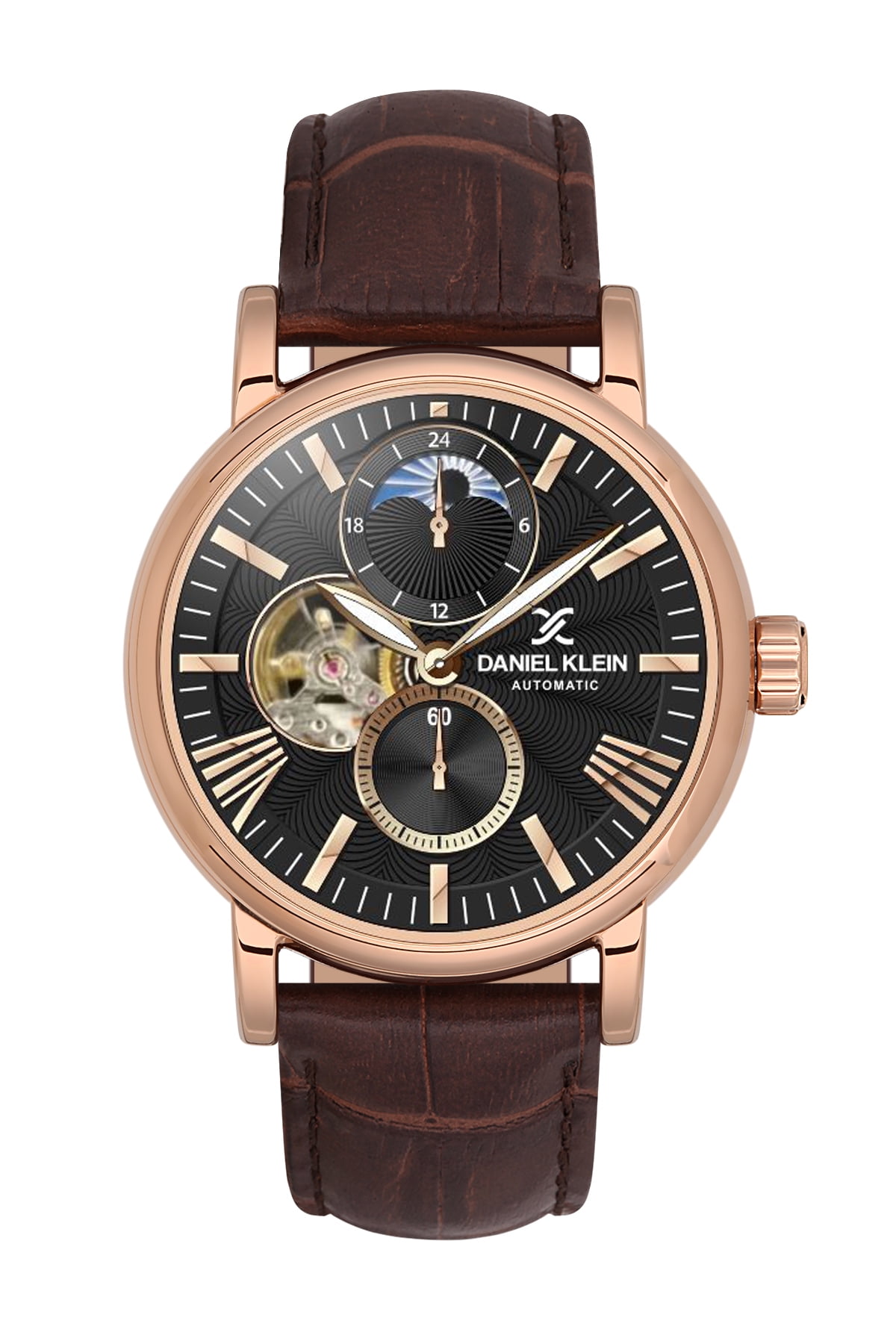 Daniel Klein 44mm Automatic Mens Watch Leather Strap Dual Time Japanese Moonphase Skeleton Rose Gold Green Dial Brown Strap