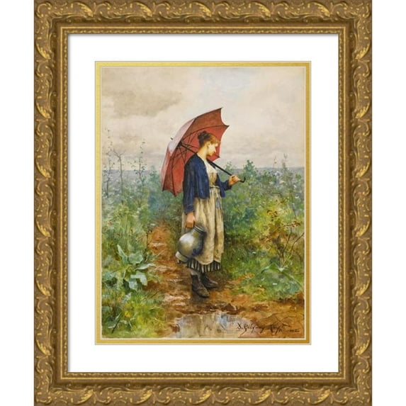 Daniel Ridgway Knight 14x18 Gold Ornate Wood Frame and Double Matted Museum Art Print Titled - Portrait Of a Woman with Umbrella Gathering Water (1882)