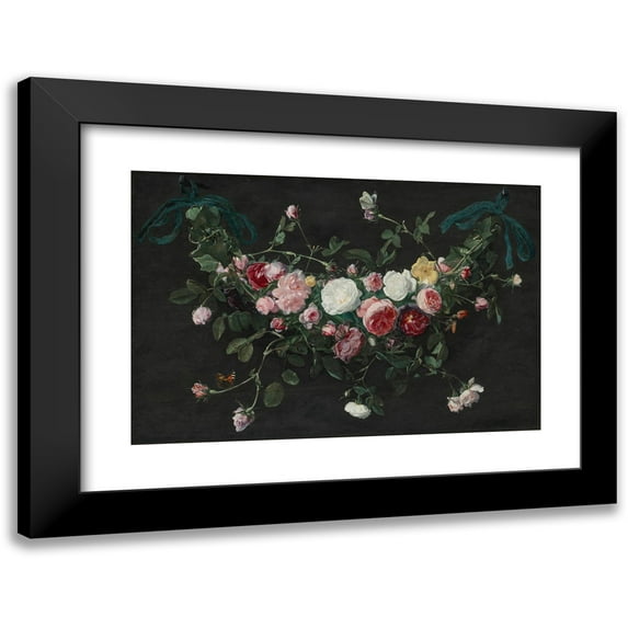 Daniel Seghers 24x17 Black Modern Framed Museum Art Print Titled - A Garland of Roses and Ivy Suspended by Ribbons, with a Cabbage White and a Tortoiseshell Butterfly