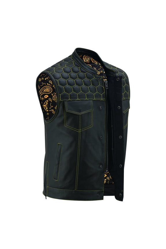 Daniel Smart Biker Vest for Men Cowhide Black Leather Motorcycle Vest with Unique Scoop Collar Design