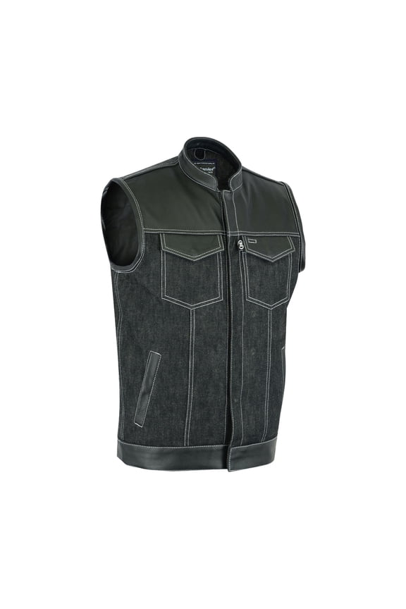 Daniel Smart Biker Vest for Men Unique Black Denim Vest with Leather Detailing