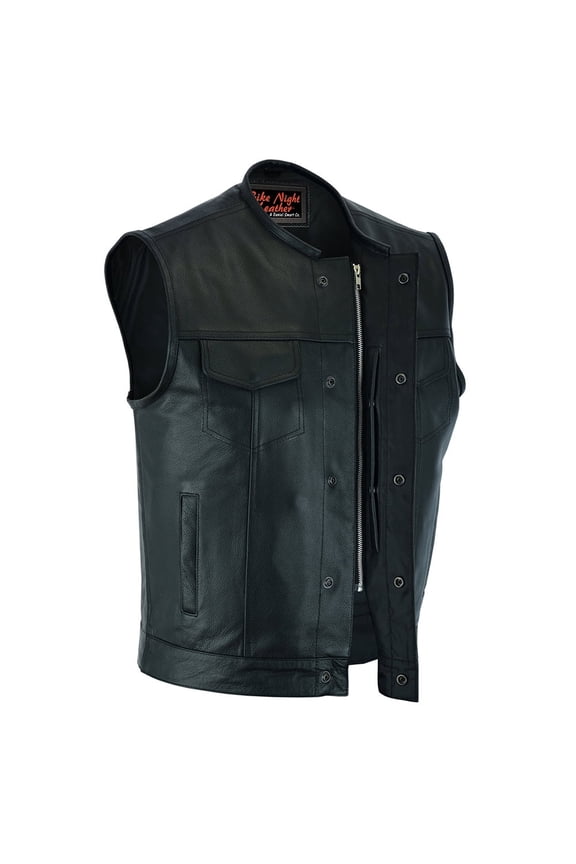 Daniel Smart Biker vest for Men Cowhide Black Leather Motorcycle Vest Unique with Scoop Collar Design