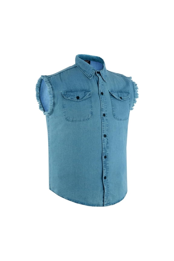 Daniel Smart Cotton Denim Sleeveless Frayed Design Button Down Shirts for Men - Cut Off Denim Shirt with Chest Pockets