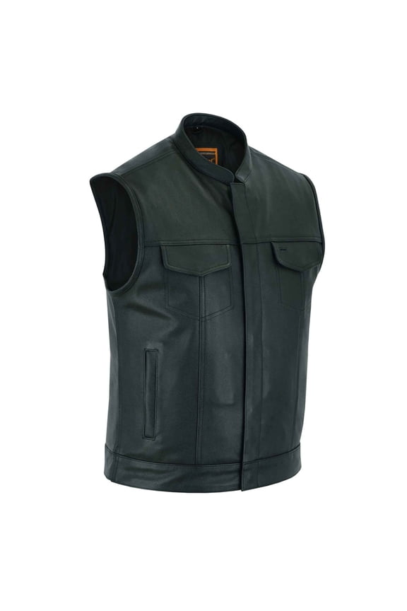 Daniel Smart Leather Motorcycle Vest Black Biker Vest for Men with Unique Scoop Collar Design