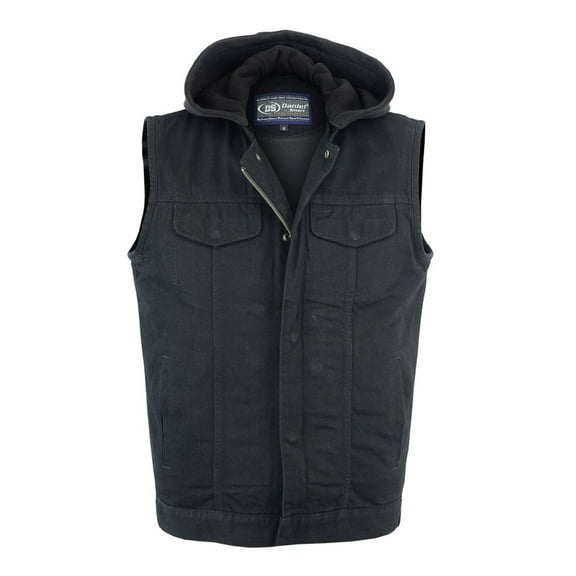 Daniel Smart Men Vest Unique Black Denim with Removable Hood Design Motorcycle Vest for Men