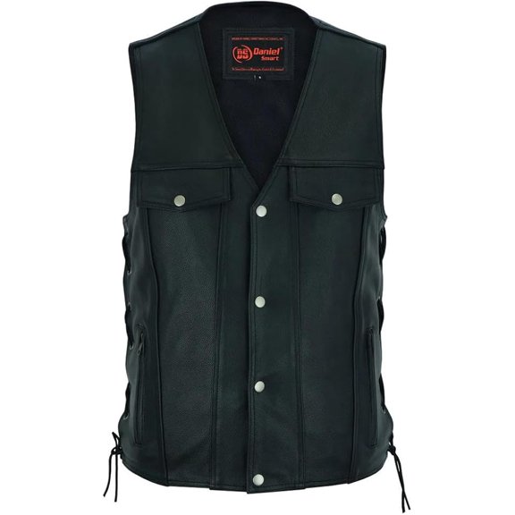 Daniel Smart Men's Black Faux Leather V-Neck Biker Vest with Side Lacing, Snap Closure & Dual Internal Pockets