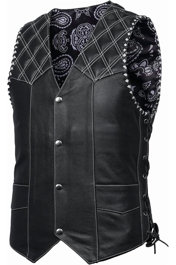 Daniel Smart Men’s Black Leather Vest with Paisley Lining, Embroidery, Side Laces, Snap Front Closure & Biker Style