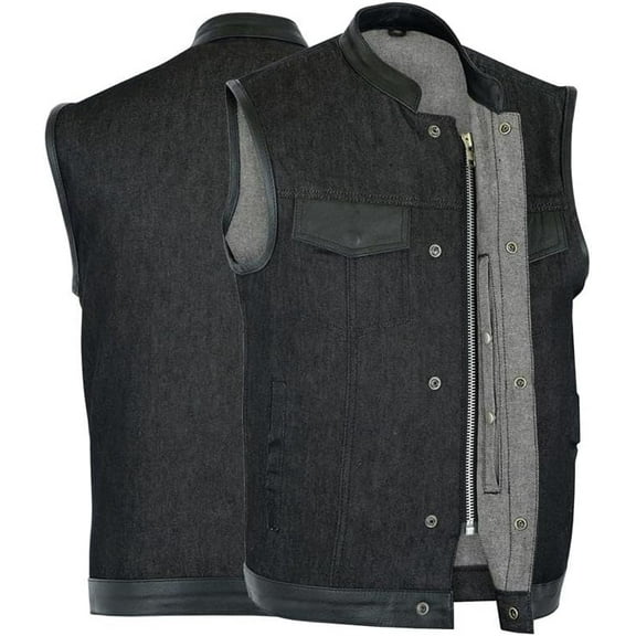 Daniel Smart Men’s Denim Motorcycle Vest – Raw Finish Biker Vest with Leather Trim, Scoop Collar, Interior Pockets & Patch-Ready Back