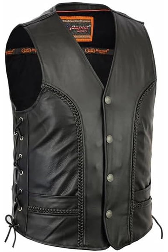 Daniel Smart Men’s Faux Leather Motorcycle Vest – V-Neck Biker Riding Vest with Braided Detail, Side Lacing & Utility Pockets
