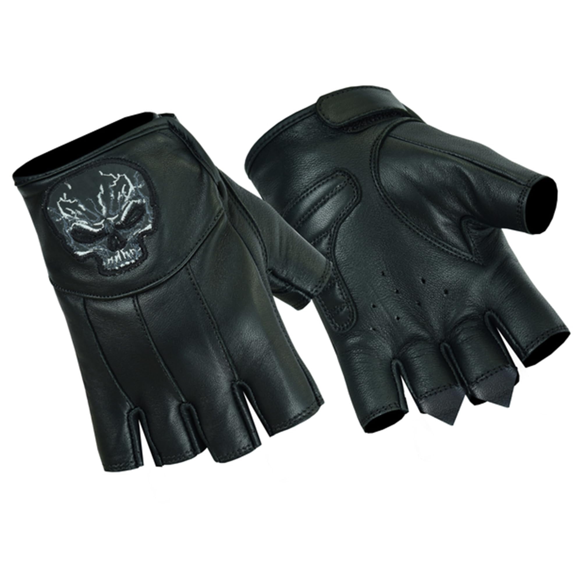 Daniel Smart Men’s Leather Gloves- Goatskin Leather- Fingerless Motorcycle Gloves with Reflective Skull Design and Gel Palm