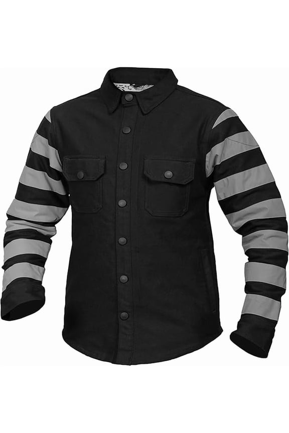 Daniel Smart Men’s Motorcycle Riding Shirt – Black Canvas Biker Flannel Shirt & Reflective Stripes Zipper Closure