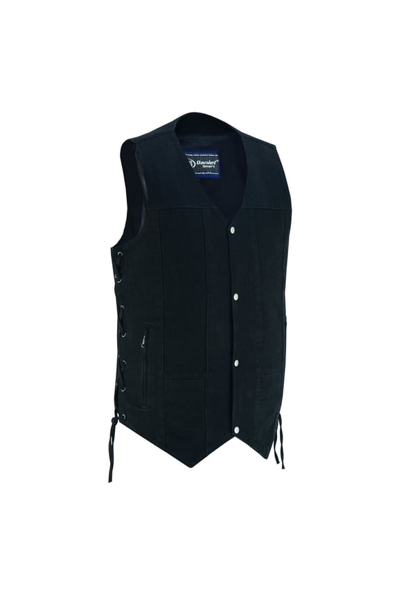 Daniel Smart Men’s Vest - Unique Black Denim with V-Neck Design Motorcycle Vest