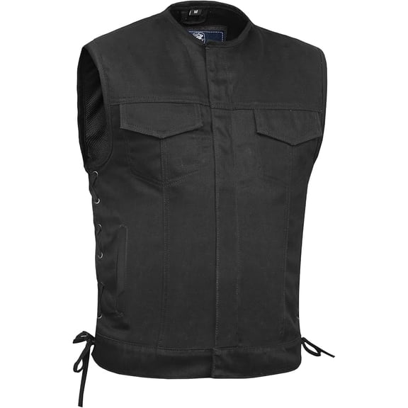 Daniel Smart Biker Vest for Men Unique Black Denim Vest without Collar With Side Laces & inside Smart Pockets