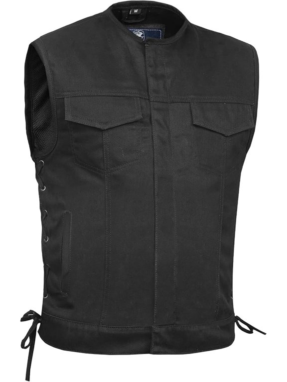 Biker Vest for Men Unique Black Denim Vest without Collar With Side Laces & inside Smart Pockets