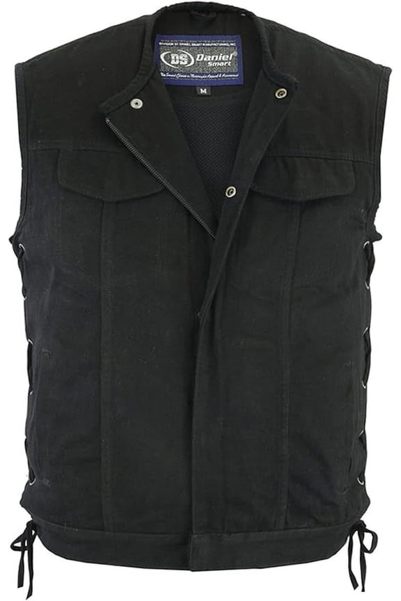 Daniel Smart Men’s Vest - Unique Black Denim without Collar Side Laces Motorcycle Vest for Men