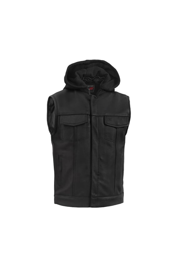 Daniel Smart S to 12XL Men Black Motorcycle Leather Vest Stylish Design with Removable hood