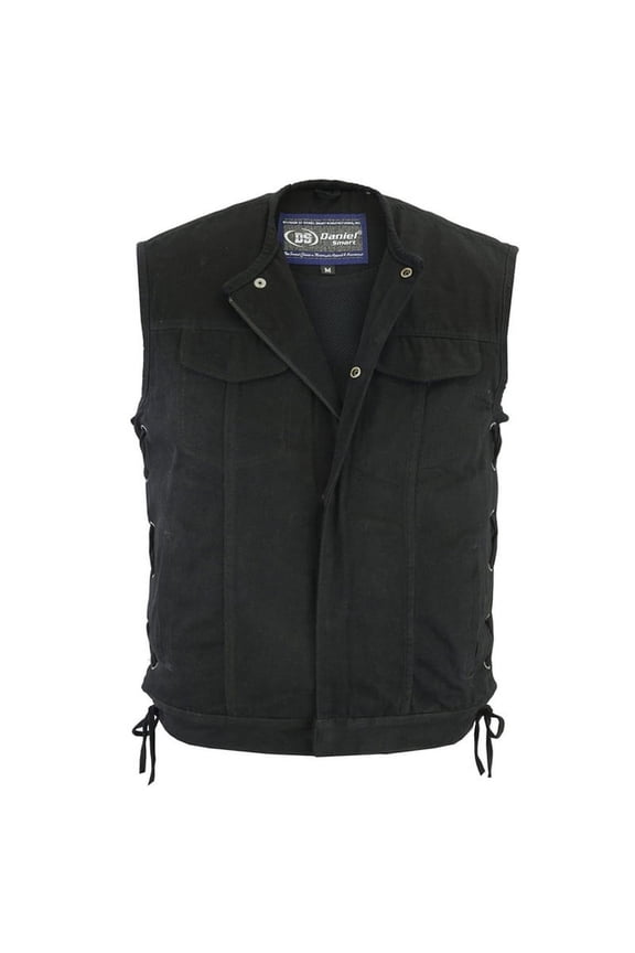 Daniel Smart S to 12XL Sleeveless Black Denim Men Biker Vest without Collar Side Laces