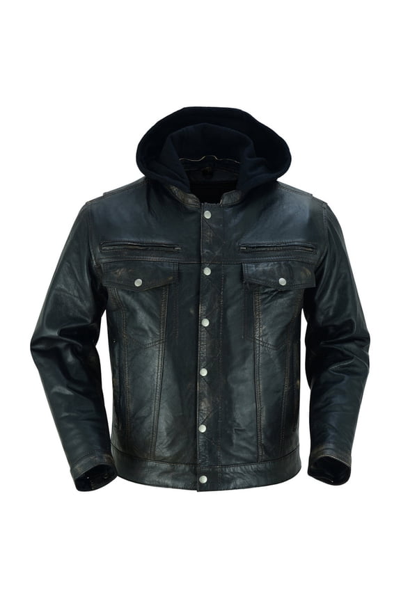 Daniel Smart S to 5XL Leather Jacket Lambskin Motorcycle Jacket Men with Mandarin Collar & Removable Hoodie YK Zippers