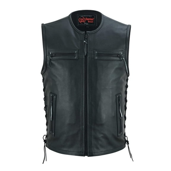 Daniel Smart S to 6XL Leather Vest For Men Full Blacked Style Vest with Front Zipper, Side Laces
