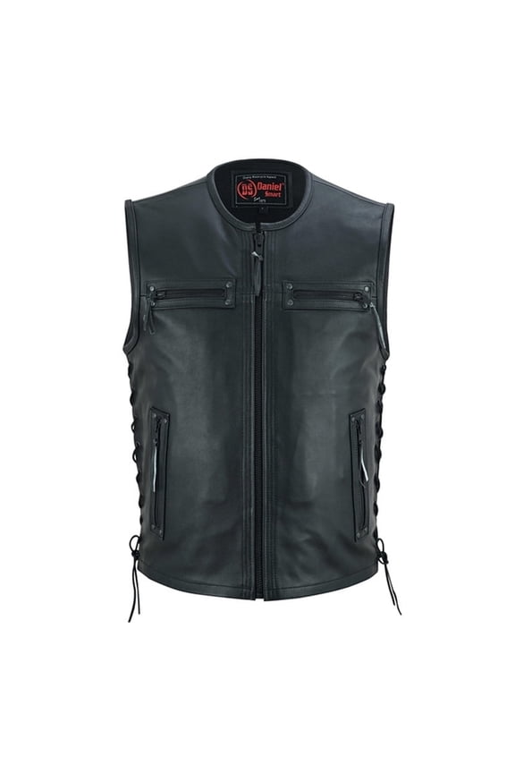 Daniel Smart S to 6XL Leather Vest For Men Full Blacked Style Vest with Front Zipper, Side Laces