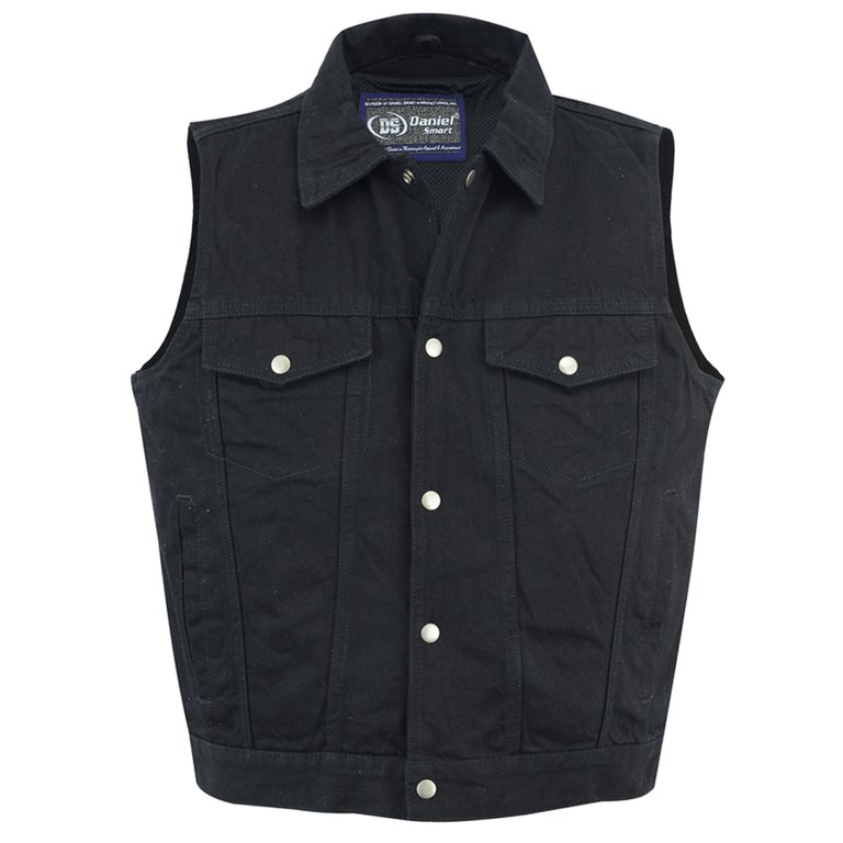 Daniel Smart Men's Denim Biker Vest - Blue & Black Sleeveless Jean Vest With Multiple Pockets