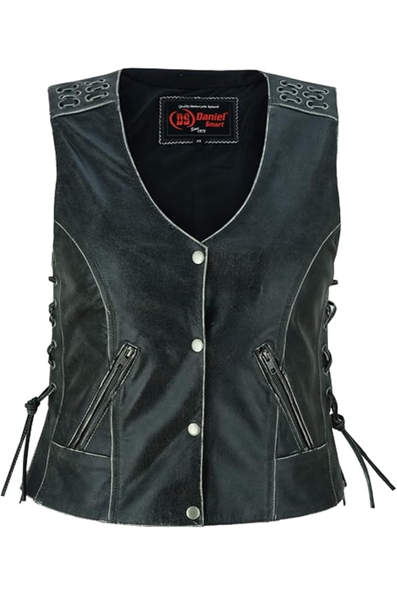 Daniel Smart Women Leather Vest Grey Grommet Detailed Leather Vest with Side Laces