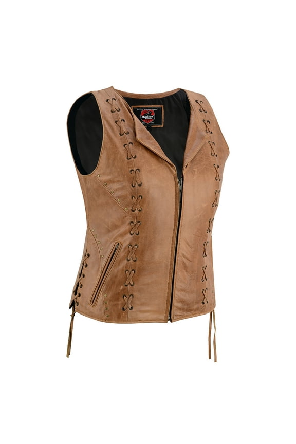 Daniel Smart Women Leather Vest – Unique Brown Leather with laced up Sides Detailed Leather Vest with Multifunctional Pockets