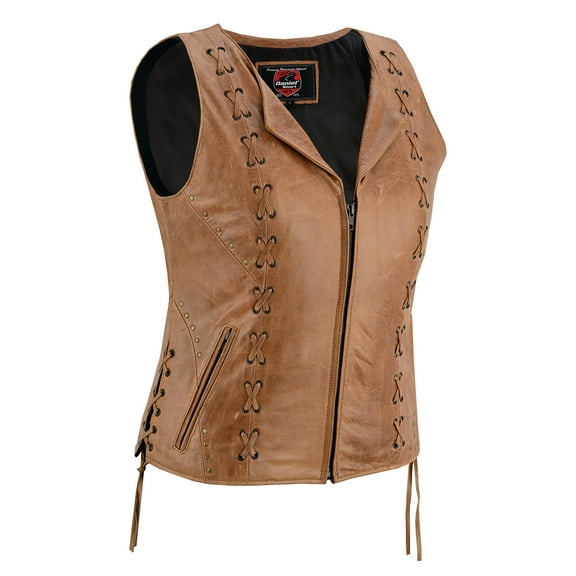 Daniel Smart Women Leather Vest – Unique Brown Leather with laced up Sides Detailed Leather Vest with Multifunctional Pockets