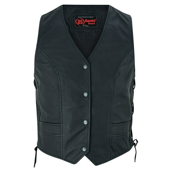 Daniel Smart Biker Vest for Women Black Leather Vest with Stylish Side Laces