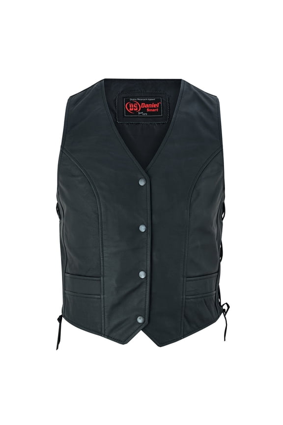 Daniel Smart Biker Vest for Women Black Leather Vest with Stylish Side Laces
