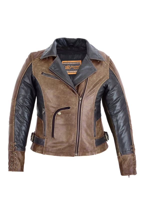 Daniel Smart Women Motorcycle Jacket Premium Biker Leather Jacket with Grommet Detailing with Lace Design