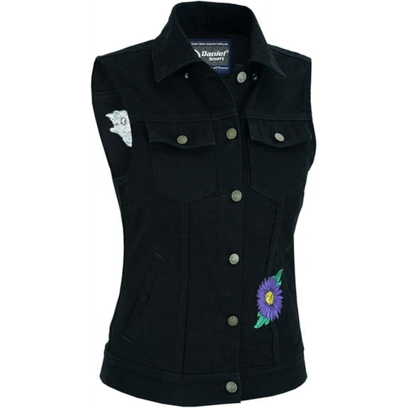 Daniel Smart Women's Denim Vest Unique Raw Blue Motorcycle Vest with Snap collar & Multipurpose Pocket