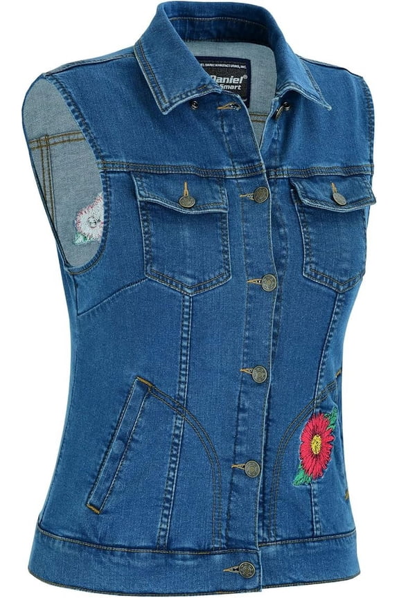Daniel Smart Women's Denim Vest Unique Raw Blue Motorcycle Vest with Snap collar & Multipurpose Pocket