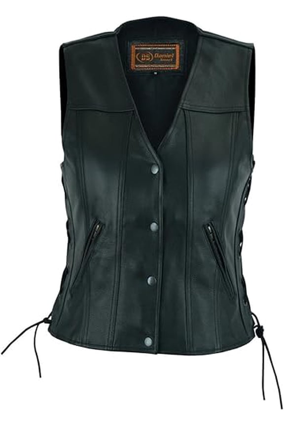 Daniel Smart Women’s Faux Leather Motorcycle Vest – V-Neck Biker Vest with Side Lacing, Smart Pockets & Vintage Snap Front