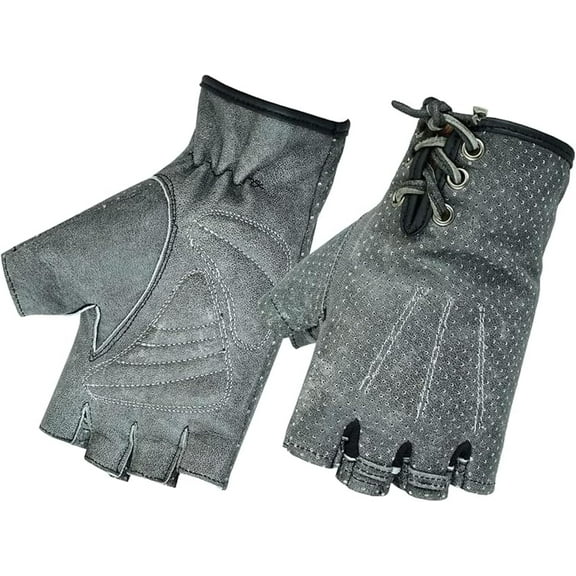 Daniel Smart Women’s Leather Gloves – Goat Leather - Washed Out Grey Fingerless Motorcycle Gloves with Perforated Action and Gel Palm
