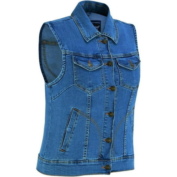 Daniel Smart Women's Denim Vest Unique Raw Blue Motorcycle Vest with Snap collar & Multipurpose Pocket